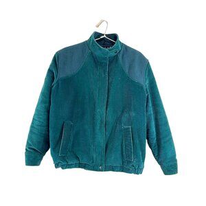 Vintage Corduroy Bomber Jacket Teal Blue Womens w/ Elbow Patch 1980s 90s Duffel